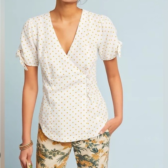 MAEVE by Anthropologie Size 2 Cream Wrap Blouse Tie Front V Neck Puff Sleeve - Picture 1 of 10